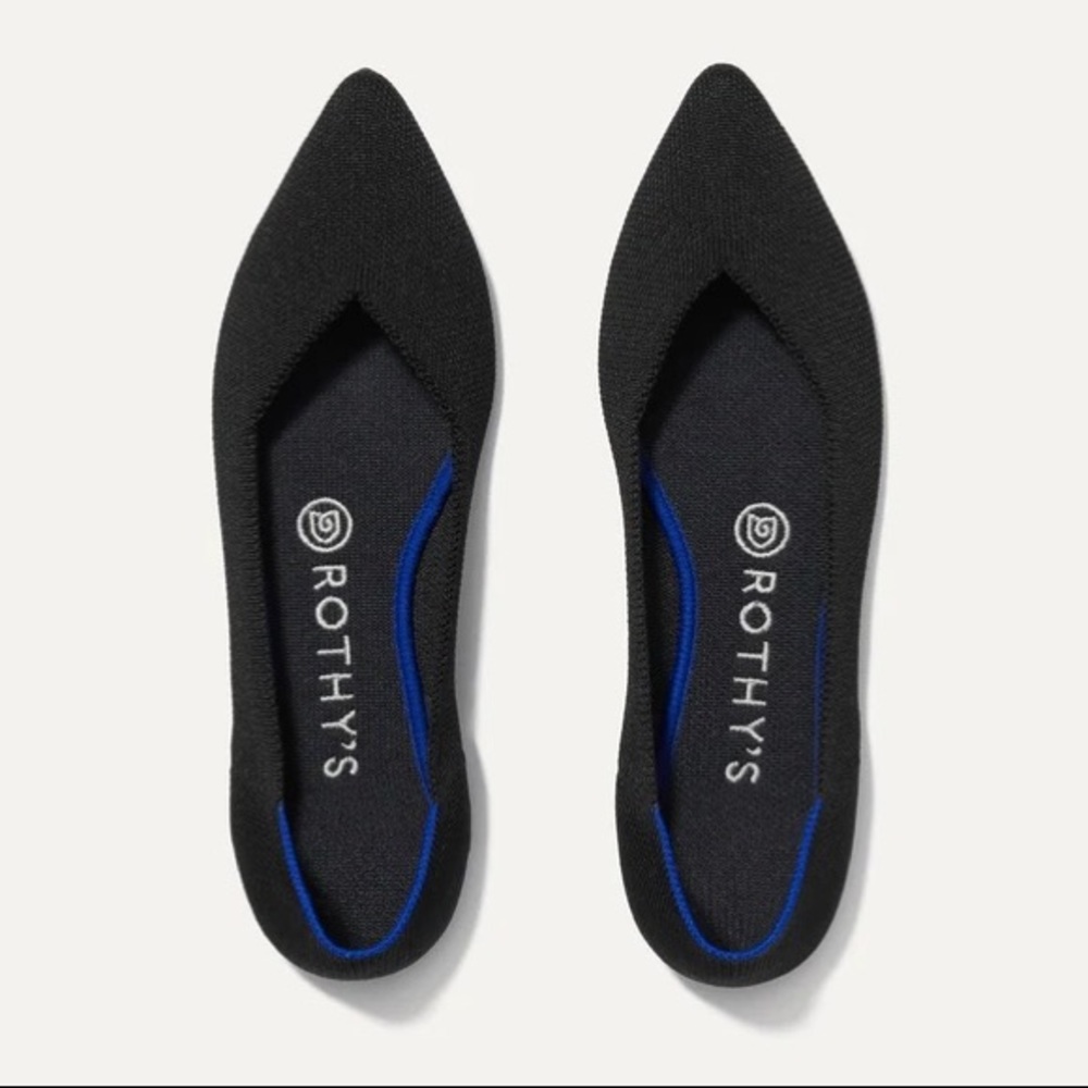 Rothy's Black Pointed Toe Flats with Blue Trim